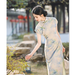 艾旗繡時尚改良年輕少女款新中式長款連袖旗袍2025春新款網紗旗袍