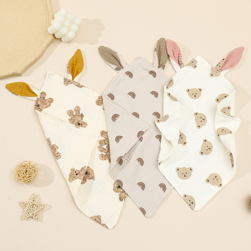 Newborn Baby Printed Pacifier Rabbit Ears Cotton Gauze Baby Sleep Blanket Double Layer Pure Cotton Bib Square Cloth 