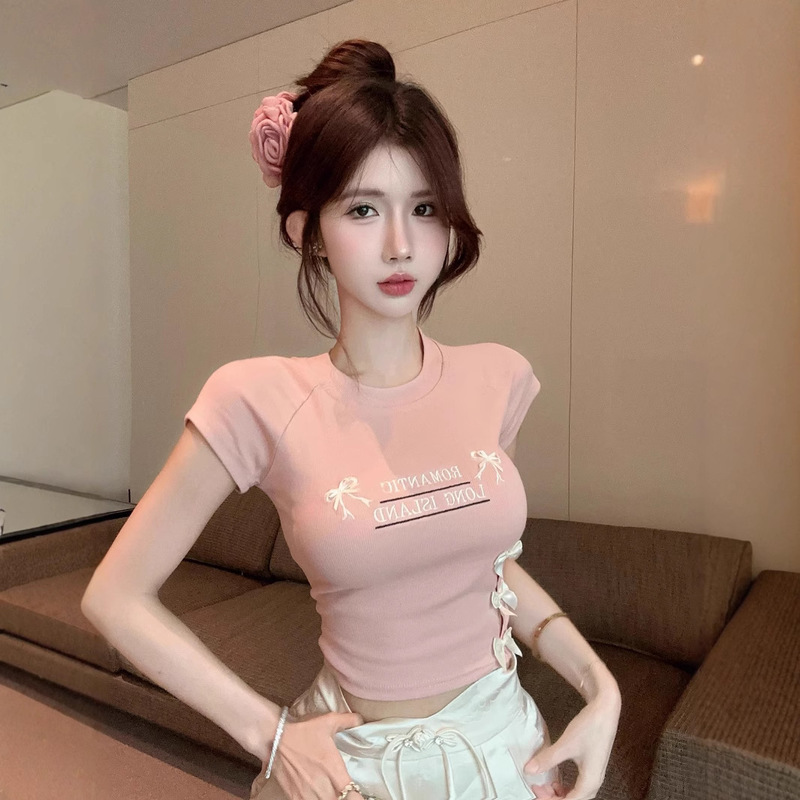 Bow Letter Printed Age-reducing Sweet Short Short-sleeved T-shirt Women's Summer Hollow Spice Girls Navel Design Top