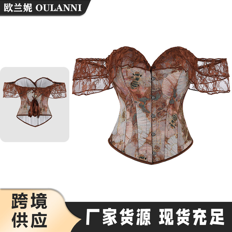 New Palace Corset Bee Floral Jacquard Corset Lace Sleeves One Shoulder Push-Up Corset