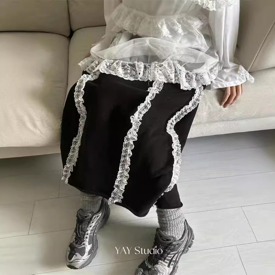 Thin cute spring Japanese lace long skirt