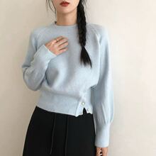 简约风设计感侧边开叉圆领套头毛衣女春秋冬季短款内搭针织打底衫