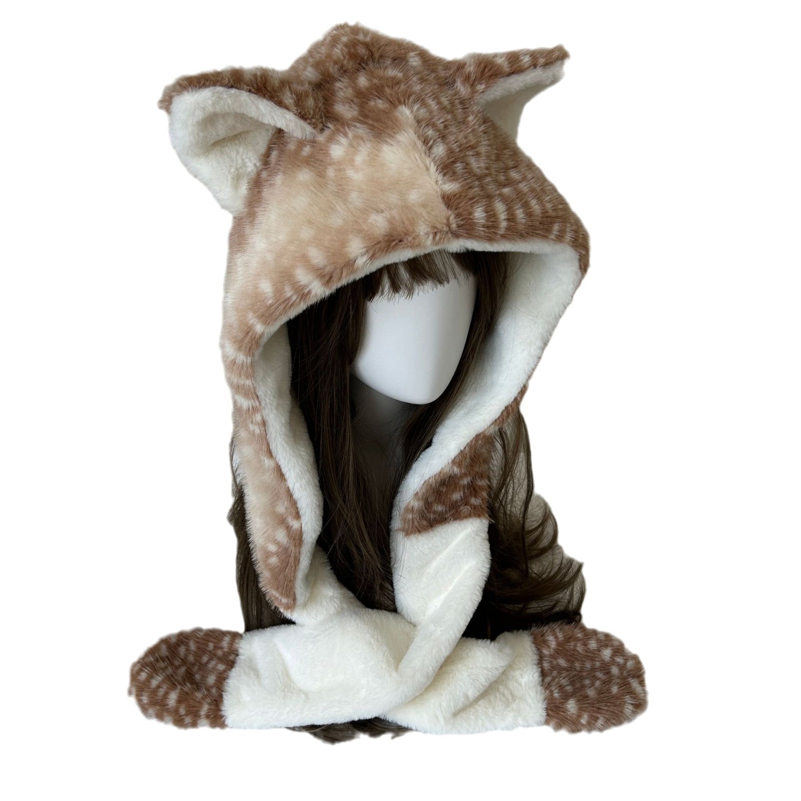 Forest Elk Plush Fox Scarf One Winter Cute Warm Ear Protector Neck Hat Two piece Set_voghion.com