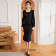 AD法式方领气质名媛两件套女韩版时尚粗花呢小香风西装套装包臀裙