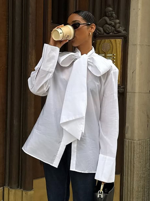 法式优雅蝴蝶结系带衬衫女2025秋季新款跨境气质宽松女式衬衣批发|undefined