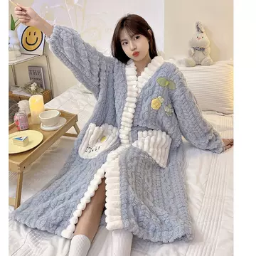 Pajamas for women in winter, coral velvet pajamas for women in winter, pajamas for women in winter, long plush bathrobes for women in winter, and thickened home clothing - ShopShipShake