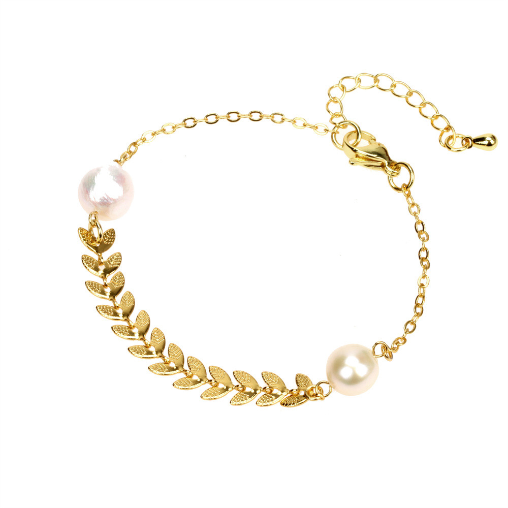 Fashion Leaf Copper Pearl Bracelets Earrings Necklace
