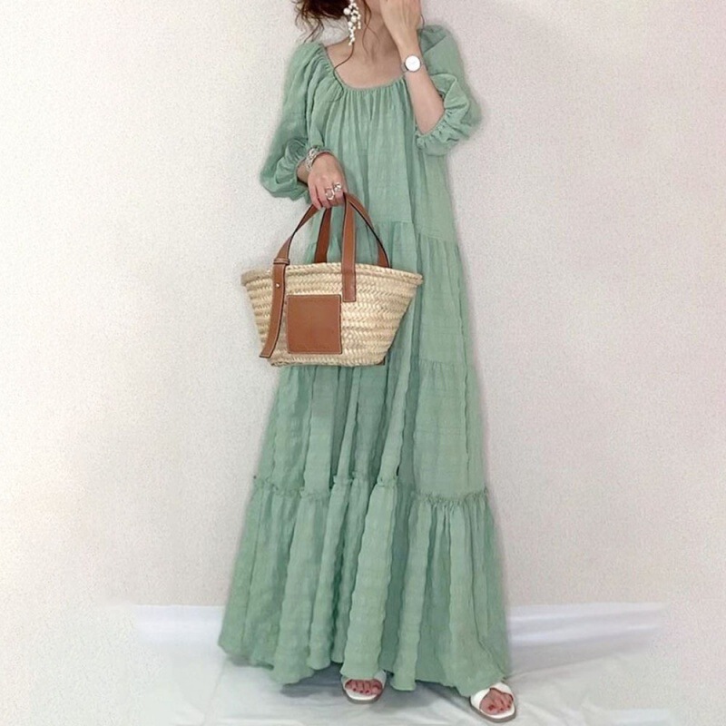 Japanese Style Summer New Retro Puff Sleeve Dress Fairy Super Fairy Style Loose Slimming Look Elegant Large Hem Long Skirt Japanese Style Summer New Retro Puff Sleeve Dress Fairy Super Fairy Style Loose Slimming Look Elegant Large Hem Long Skirt