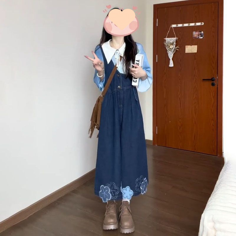 甜美贴布绣花不对称背带牛仔裤女春夏新款叠穿翻领印花衬衫两件套|undefined
