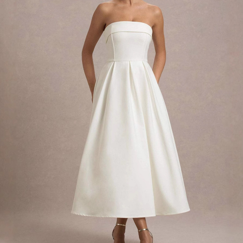 2025 European and American New Style Elegant Strapless Dress Slim Fit Foreign Trade Bandage Cross-Border High-End Solid Color Long Dress