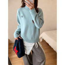韩系松弛感高领小标刺绣毛衣慵懒宽松秋冬叠穿百搭软糯针织衫ZDJ