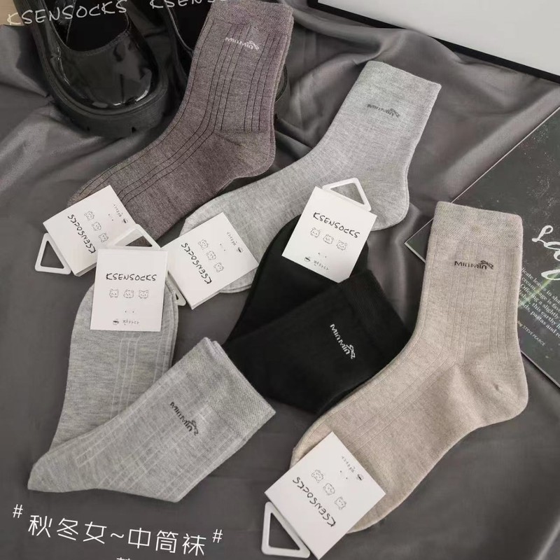 凯森中长筒袜秋冬新款女士韩系竖条格雷系灰色复古时尚百搭堆堆袜|undefined