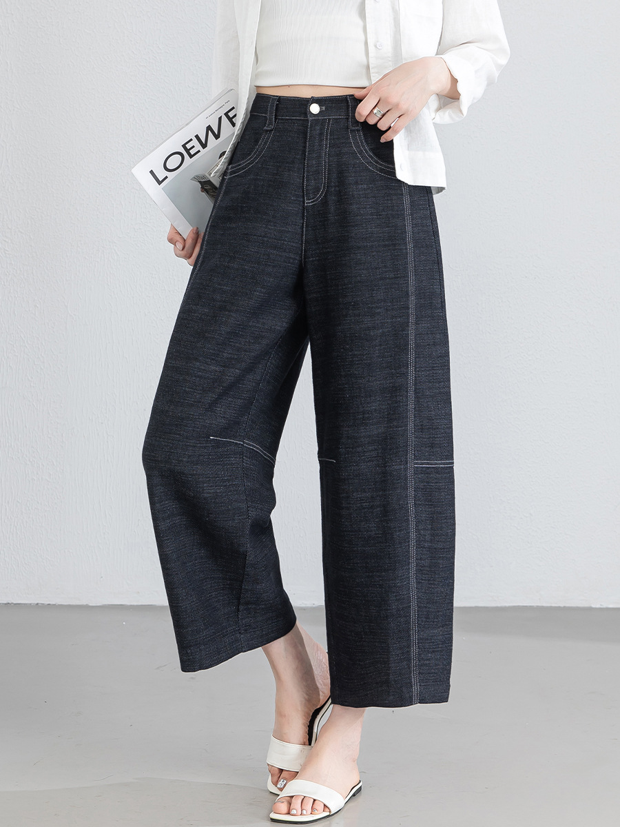 Quần jean nữ ống rộng eo cao vải linen mát mẻ phong cách cổ điển — xanh lam