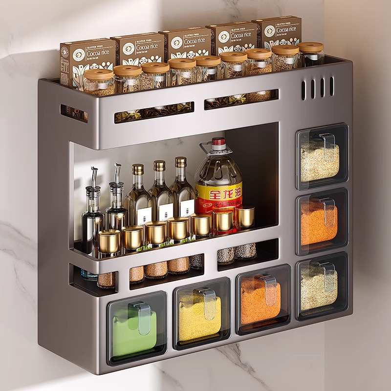Punch-free Kitchen Seasoning Storage Rack Multi-functional Wall-mounted Household Oil, Salt, Sauce and Vinegar Storage Box Seasoning Jar