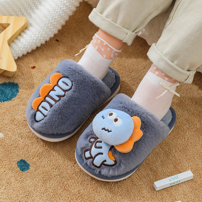 Zapatillas de piso de invierno para niños de dibujos animados de fondo suave casa lindo dinosaurio cálido peludo Grandes Medianas y pequeñas Zapatillas de algodón para bebés