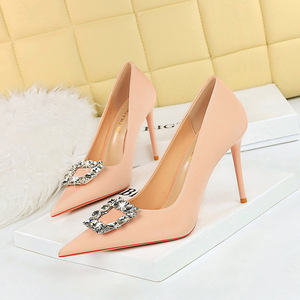 3265-K2 Korean Fashion Women's Shoes Super High Heel Thin Heel Shallow Notched Metal Rhinestone Button Single Shoe 