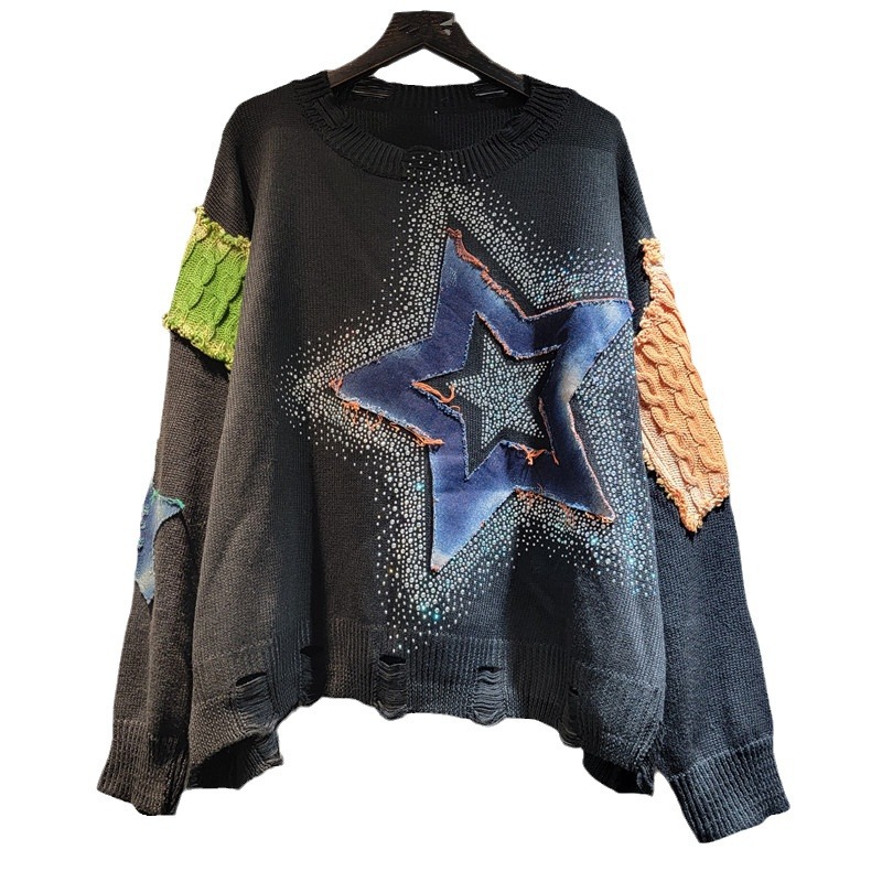 Personalidad suelta pegatinas empalmadas agujeros de contraste de color de cuello redondo camisa de punto de manga larga suéter para mujeres 2024 nuevo otoño image 5