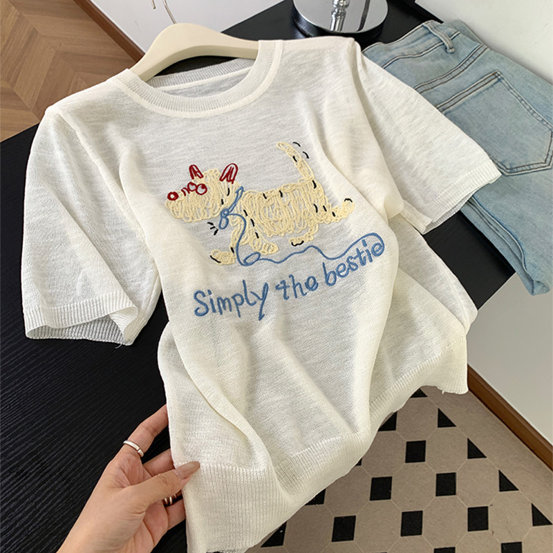 2026 Summer New Style Ice Silk Short-Sleeved Embroidered Cartoon Jacquard Top Plus Size Women's Slimming Knitwear A12383 2026 Summer New Style Ice Silk Short-Sleeved Embroidered Cartoon Jacquard Top Plus Size Women's Slimming Knitwear A12383