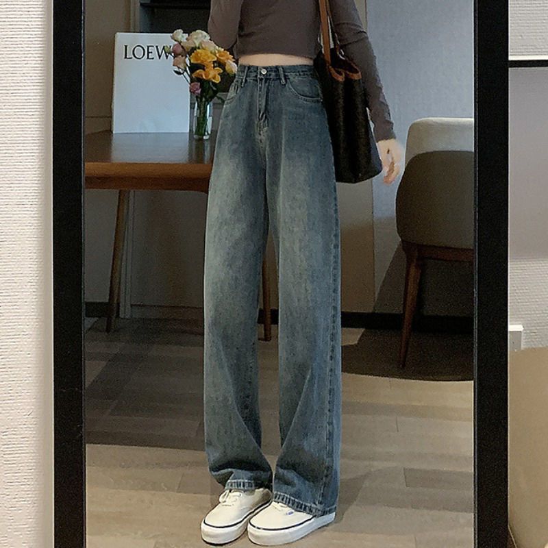 Spring and Autumn New Korean Retro Hong Kong Style Wide-Leg Jeans for Women, Loose High-Waisted Slimming Straight-Leg Dad Pants Trendy