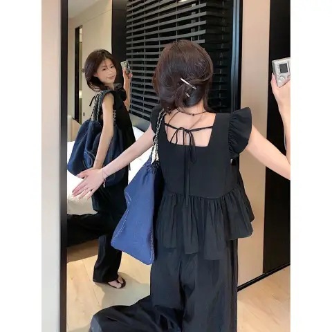 Salt Series Fashionable Set for Women's Summer New Style Casual Wide Leg Pants with High Waist and Short Sleeve Doll Shirt 