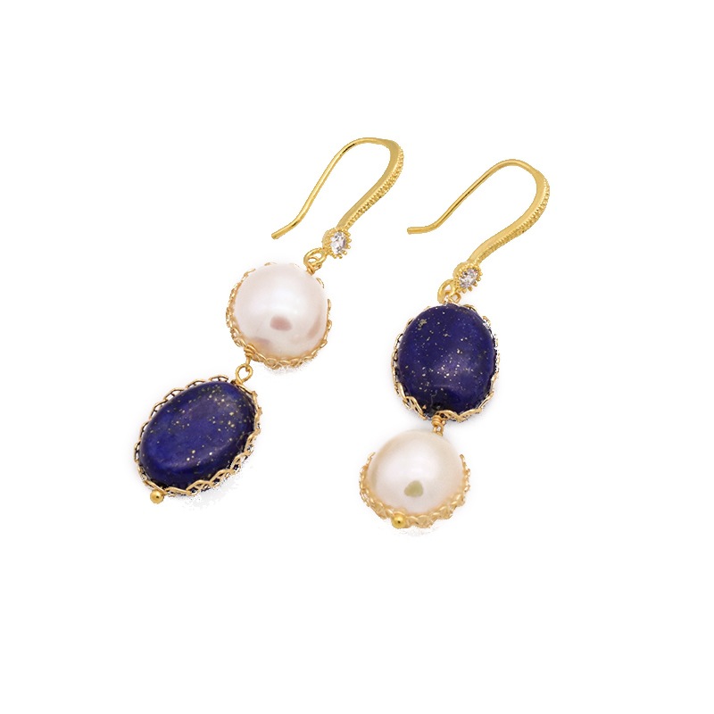 Perla de alta sensación de agua dulce perlas pendientes asimétricos temperamento retro joyas lapislázuli al por mayor natural