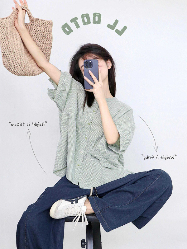 Forest Style Small Fresh Green Plaid Short-Sleeved Shirt for Women Spring and Summer French Loose Casual Shirt Doll Top