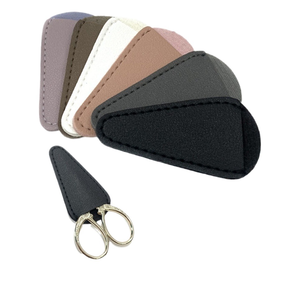 En stock tijeras de pelo nariz cubierta de cuero con seis colores imprimible logotipo tijeras de cejas cubierta protectora tijeras de barba tijeras cruzadas cubierta de almacenamiento