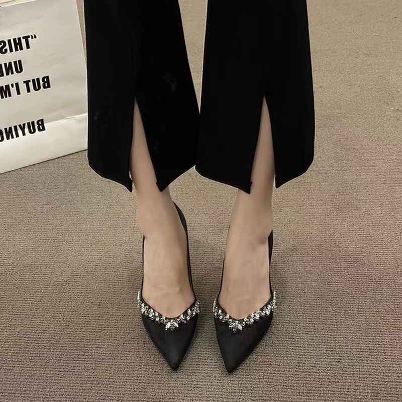 Fashion Versatile Stiletto Water High Heels Women's Shallow Mouth Shoes Women 2024 New Black Satin Pointed Diamond Edge