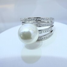 DIY珍珠手工配件通体S925纯银镶锆多排单珠戒指空托饰品可调10mm