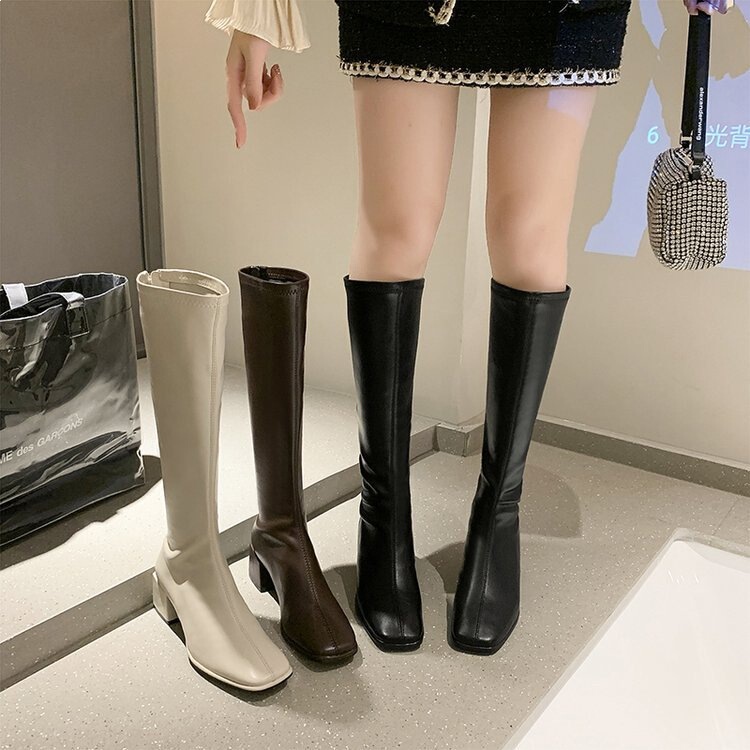 Women's Knee-High Boots 2026 Spring and Autumn Petite High-Tube Fleece-Lined Slim Boots with Chunky High Heels and Square Toe Riding Boots Women's Knee-High Boots 2026 Spring and Autumn Petite High-Tube Fleece-Lined Slim Boots with Chunky High Heels and Square Toe Riding Boots