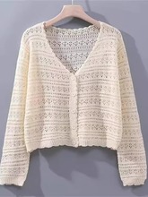 冰丝防晒针织开衫女夏胖mm大码v领色薄款镂空披肩外搭短款外套
