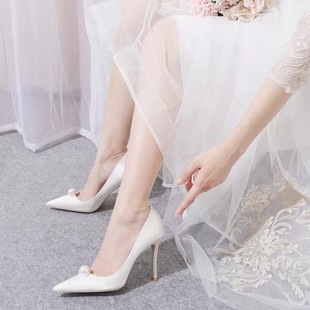 Wedding Shoes Women's 2023 New Pearl Diamond Buckle High Heels Stiletto Shoes Satin Bridesmaid Wedding Dress Wedding Bridal Shoes