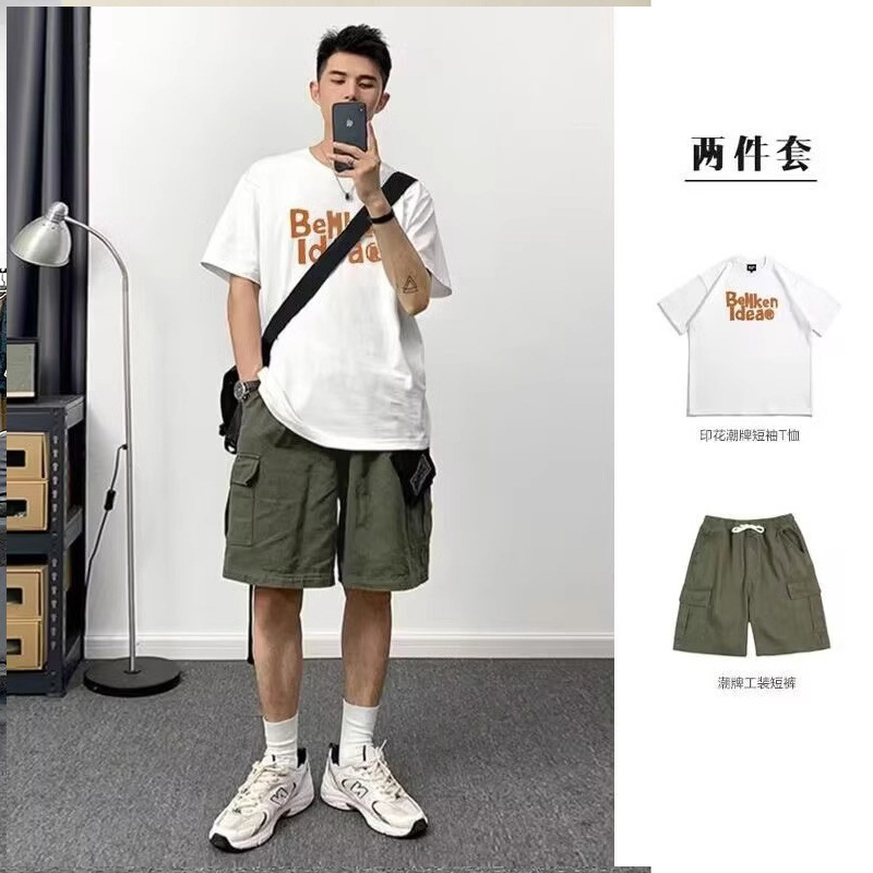 Japanese-Style Trendy Brand Short-Sleeve T-Shirt Men's Summer Set Loose Fit Men's Clothing Set with Cargo Shorts
