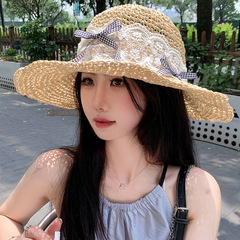蝴蝶結蕾絲大帽檐草帽女夏季鏤空海邊沙灘草編顯臉小遮陽防曬帽子