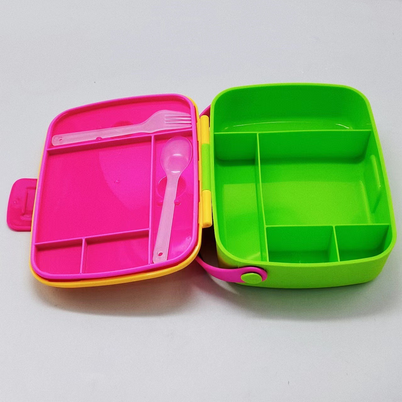 新款分格塑料饭盒 可手提便当盒含勺叉午餐盒密封保鲜盒