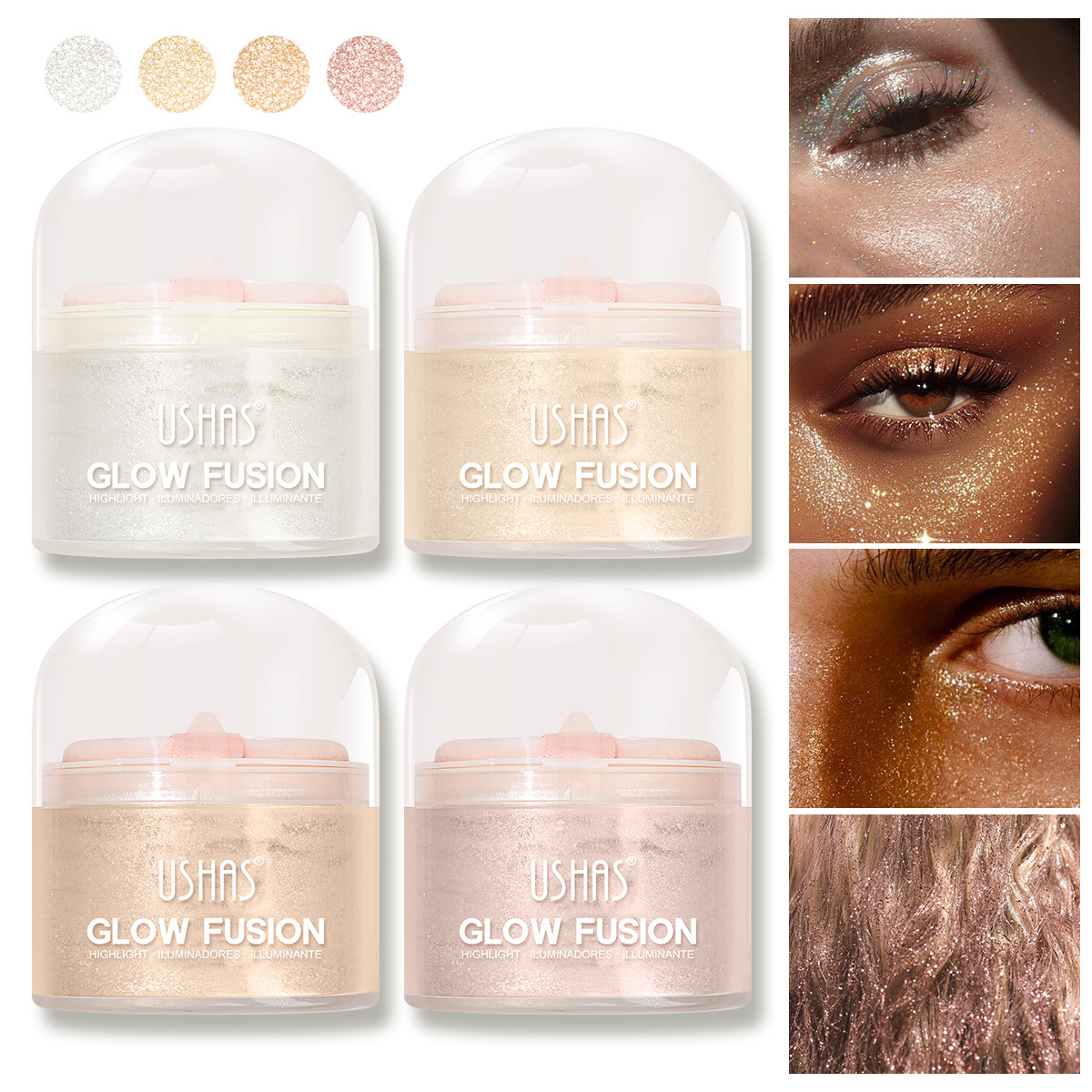 USHAS Europa y los Estados Unidos transfronterizos spot polvo de polvo de alto brillo polvo de brillo estereoscópico natural impermeable cuerpo brillante color de piel UF085