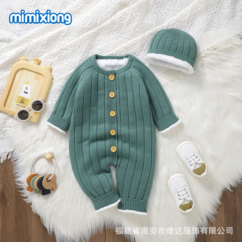 インホット販売ベビーワンピース服無地プラスベルベットロンパーススーツニット男性と女性の暖かい服秋と冬|undefined