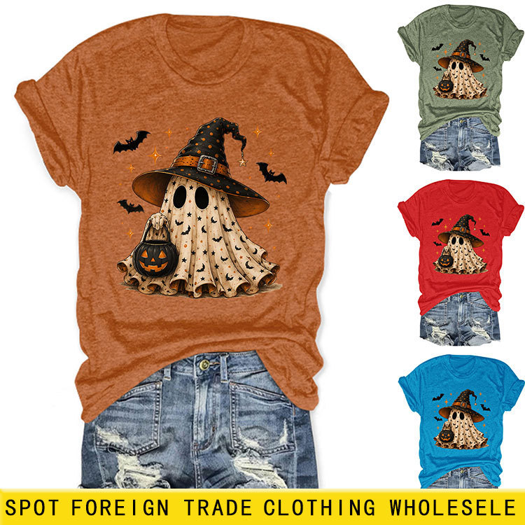 Amazon eBay European Station Halloween New Fashionable Women's Fun Witch Ghost Bat Round Neck Short Sleeve T-Shirt Amazon eBay European Station Halloween New Fashionable Women's Fun Witch Ghost Bat Round Neck Short Sleeve T-Shirt