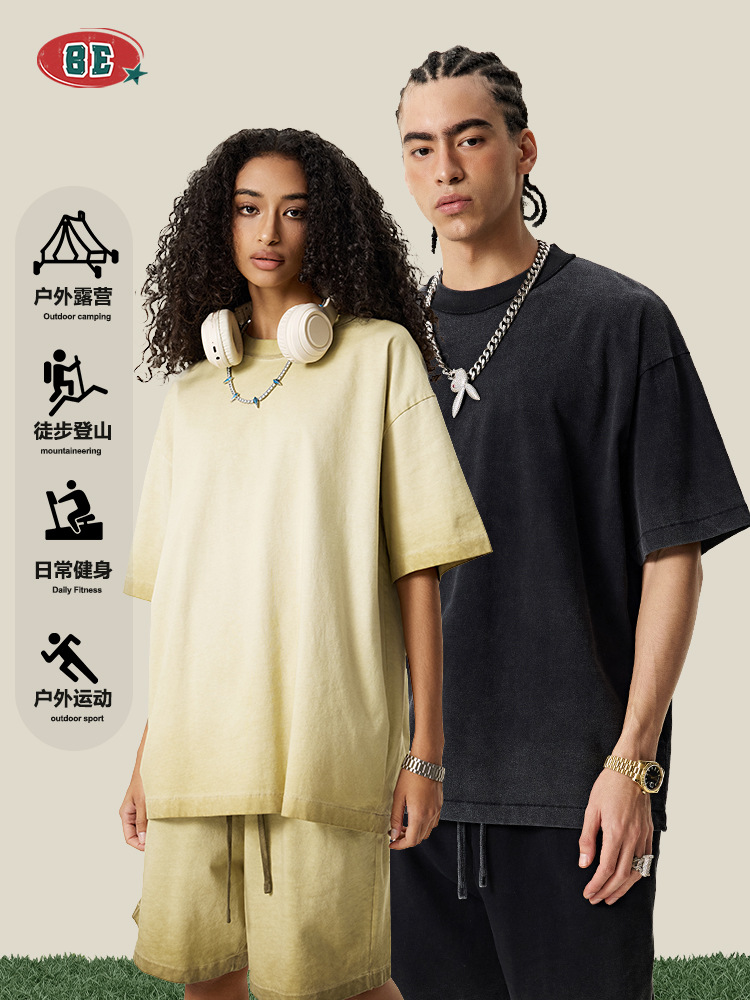 BE ropa de hombre | 2025 verano americano pesado anti-fondo frito estilo neutro camiseta de algodón de manga corta de gran tamaño personalizado para hombres