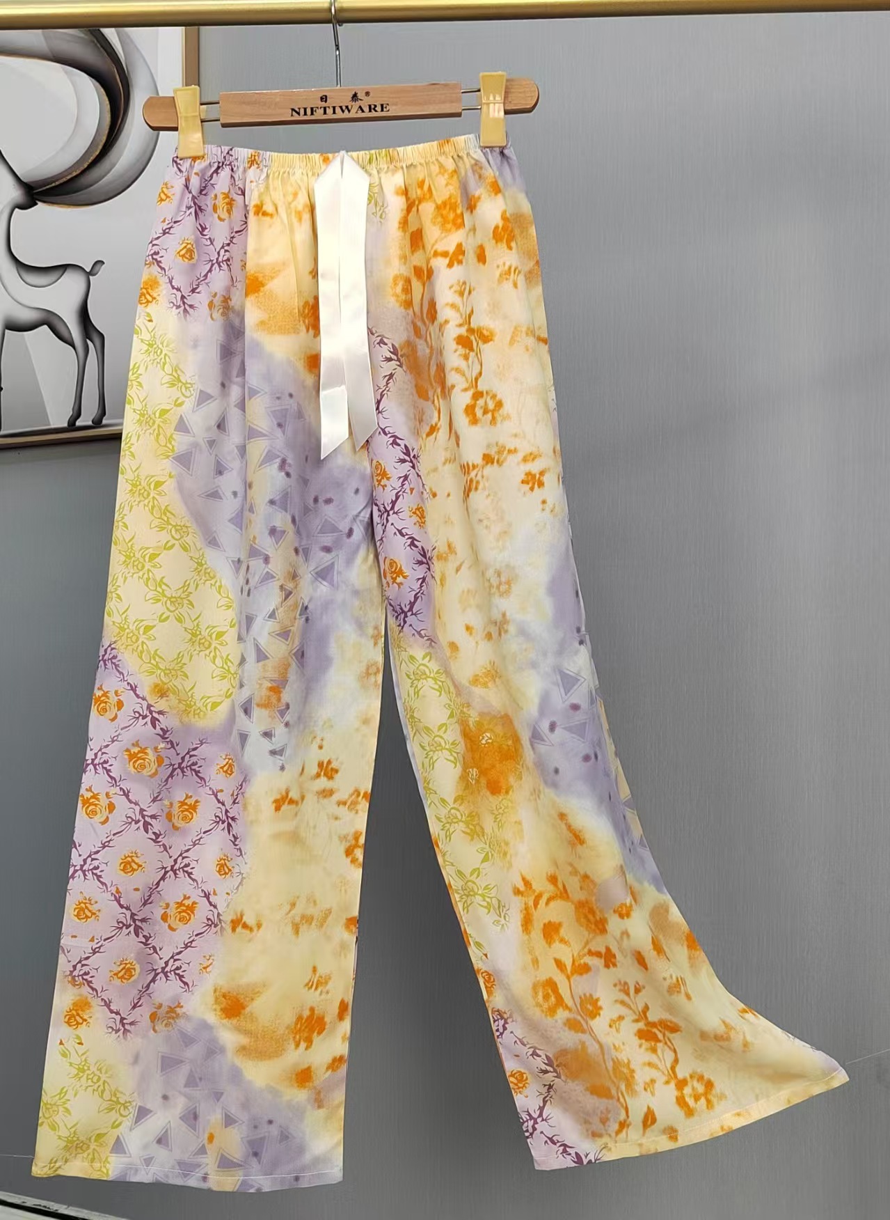 Pijama de seda de algodón para mujer, pantalones anchos de mujer embarazada de seda de algodón con estampado fino de verano