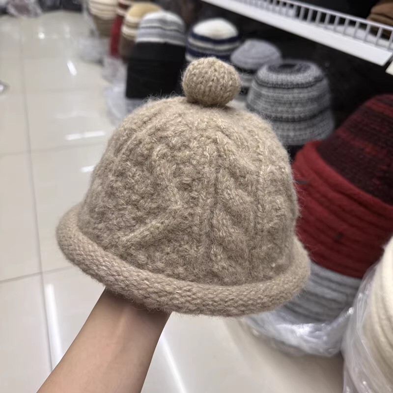 可爱减龄小毛球纯色麻花针织毛线帽子女秋冬保暖卷边针织帽地主帽|undefined