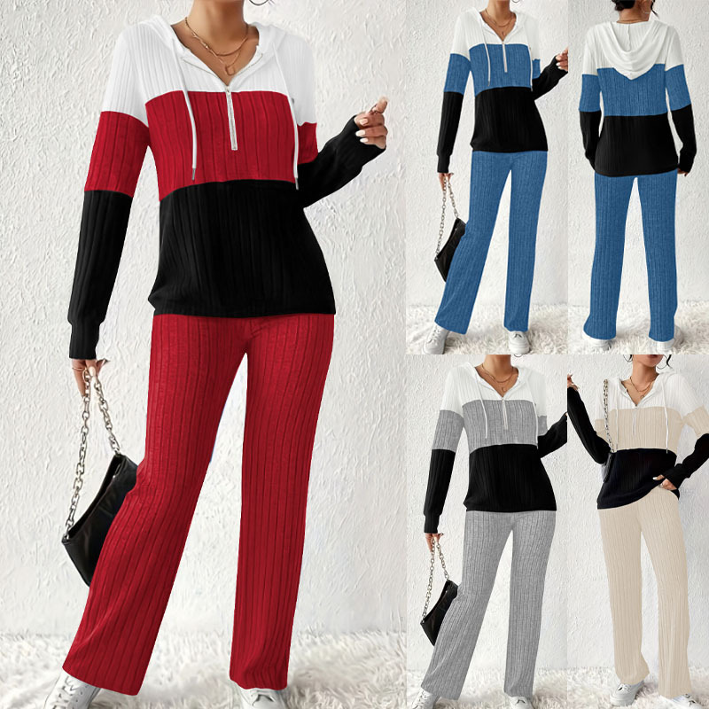 TUME亚马逊欧美外贸秋冬拼色连帽卫衣两件套时尚休闲上衣长裤套装