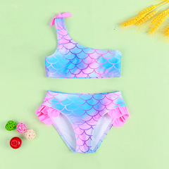 New girls split swimsuit fish scale print ruffles children's baby girl swimsuit comfortable high elasticity girl