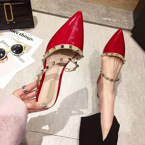 Women's White Mesh Net Slip-On Sandals with Rivets, Pointed Toe, Flat Thick Heel, One-Piece Summer Slides, New Arrival