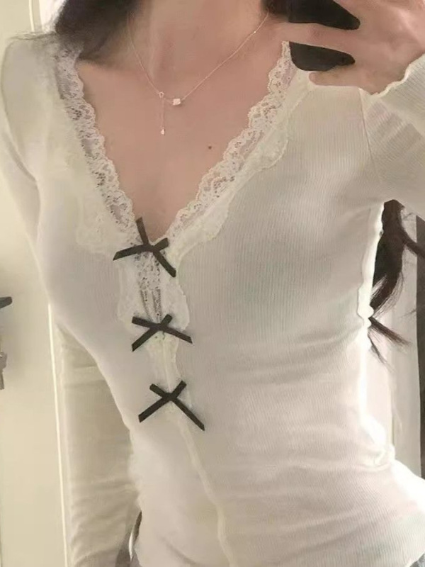 辣妹蕾丝蝴蝶结长袖t恤女秋季修身短款内搭甜辣风打底衫上衣潮流|undefined