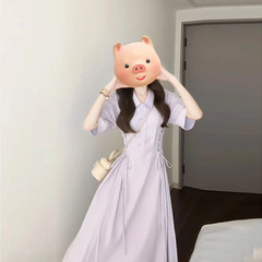 プラスサイズ 2025 夏の新ライトパープルカレッジスタイルドレス女性の通勤多用途西洋スタイルシャツロングスカート妖精