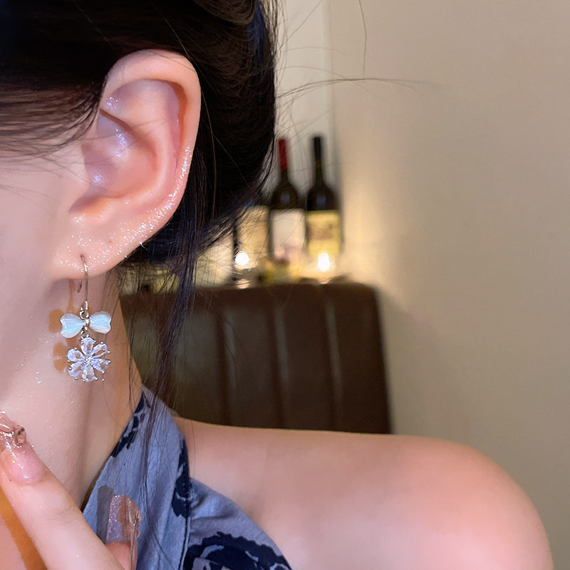 轻奢小众高级感精致锆石花朵耳环女甜美气质猫眼石蝴蝶结耳钉耳饰|undefined