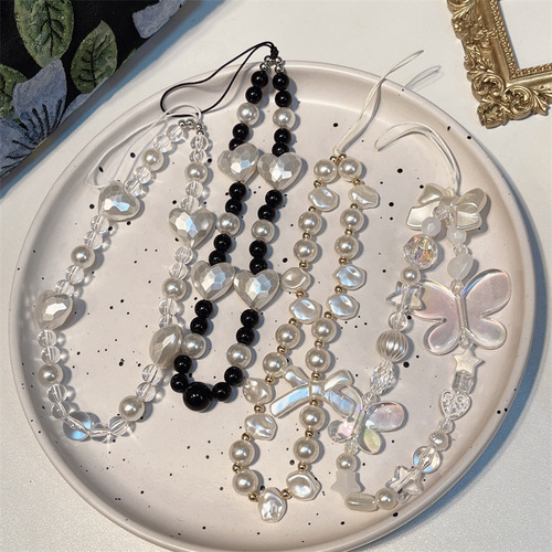Ins style European and American black and white beaded mobile phone chain sweet cool cold style mobile phone case lanyard women's bag pendant short style hanging