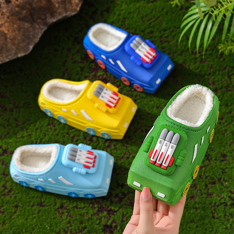 New children's home cotton shoes cartoon car Winter fleece-lined warm waterproof non-slip cotton slippers boys' furry shoes