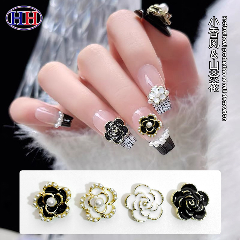 New online celebrity retro Camellia alloy nail jewelry Chanel style niche design three-dimensional Pearl painting oil Flower